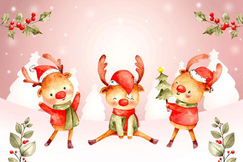 وکتور کارت پستال آبرنگی تبریک کریسمس به همراه گوزن های بامزه و کارتونی ویژه تبریک کریسمس 2022